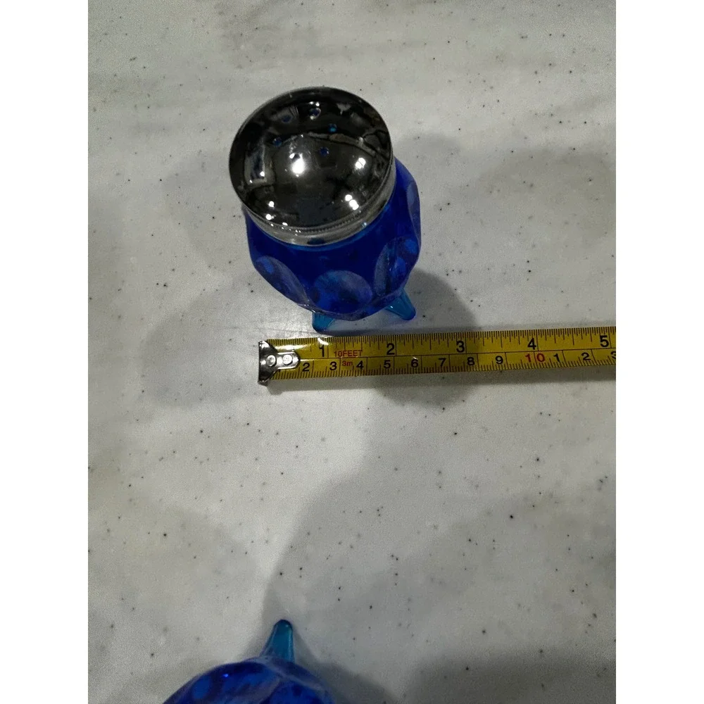 Vintage Cobalt Blue Glass Salt and Pepper Shakers Footed Thumbprint Pattern 4